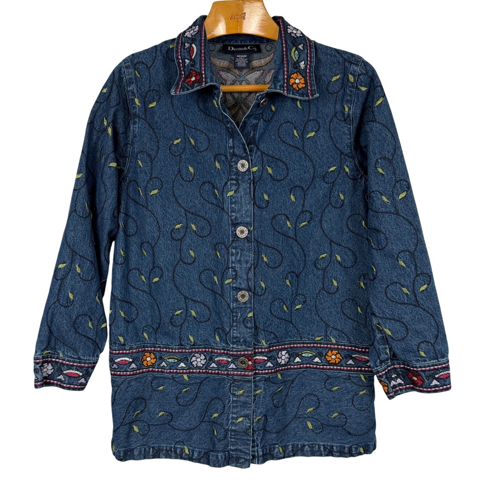 Vintage Denim & Co Womens M Embroidered Floral Jean Jacket Boho Hong Kong